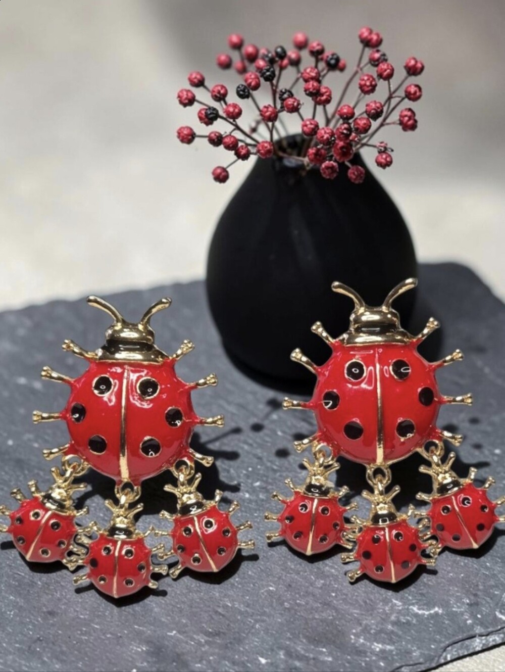 Super Cute Gold Red Black Enamel Ladybug Dangle Earrings